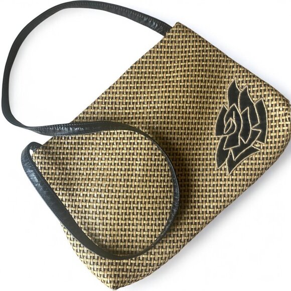 VTG 80s Reva woven straw leather rose embroidered purse clutch - Picture 1 of 11